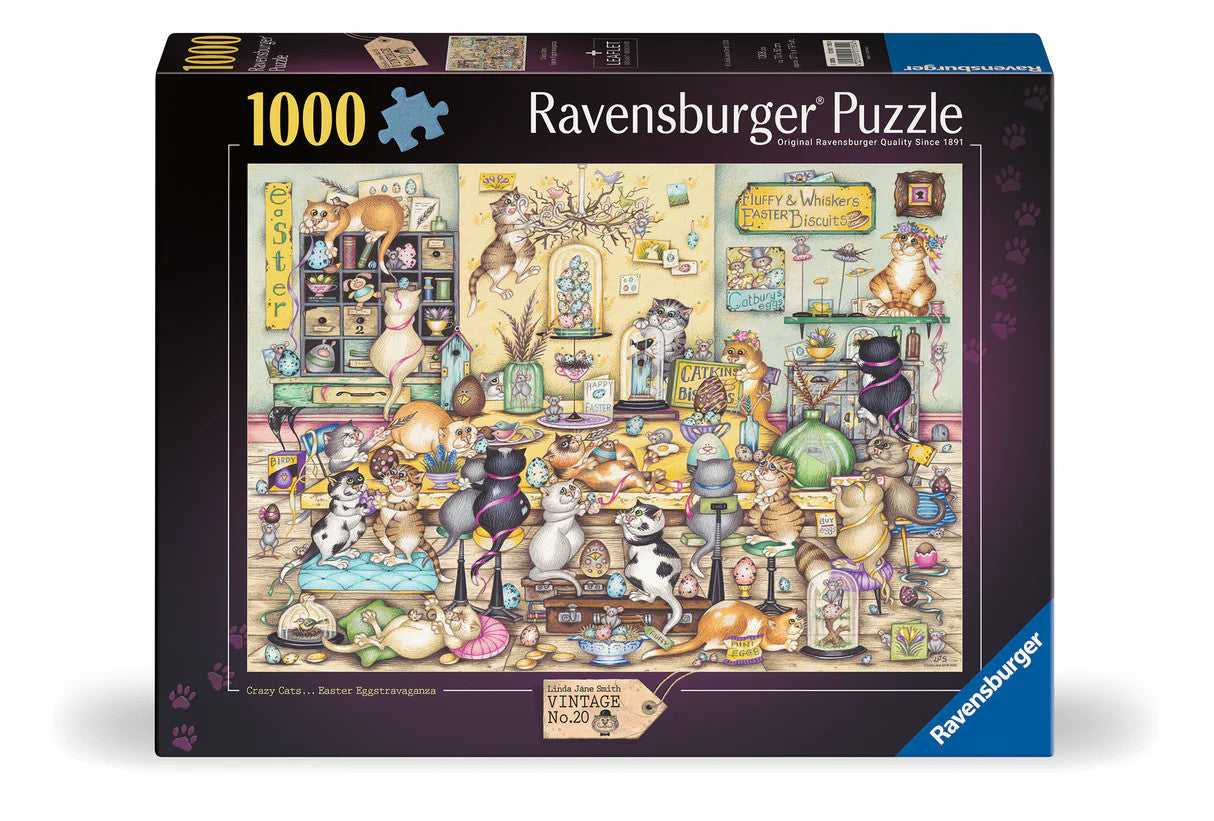 Ravensburger Crazy Cats Easter Eggstravaganza 1000 piece puzzle featuring playful cats, Easter eggs and whimsical artwork by Linda Jane Smith