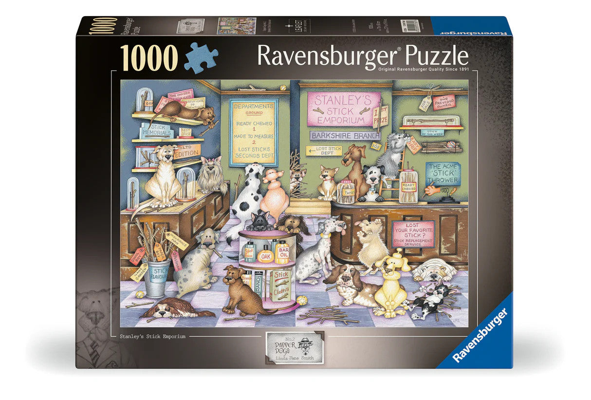Ravensburger Dapper Dogs No. 2 Stanley's Stick Emporium 1000 piece puzzle featuring humorous dog shop artwork by Linda Jane Smith