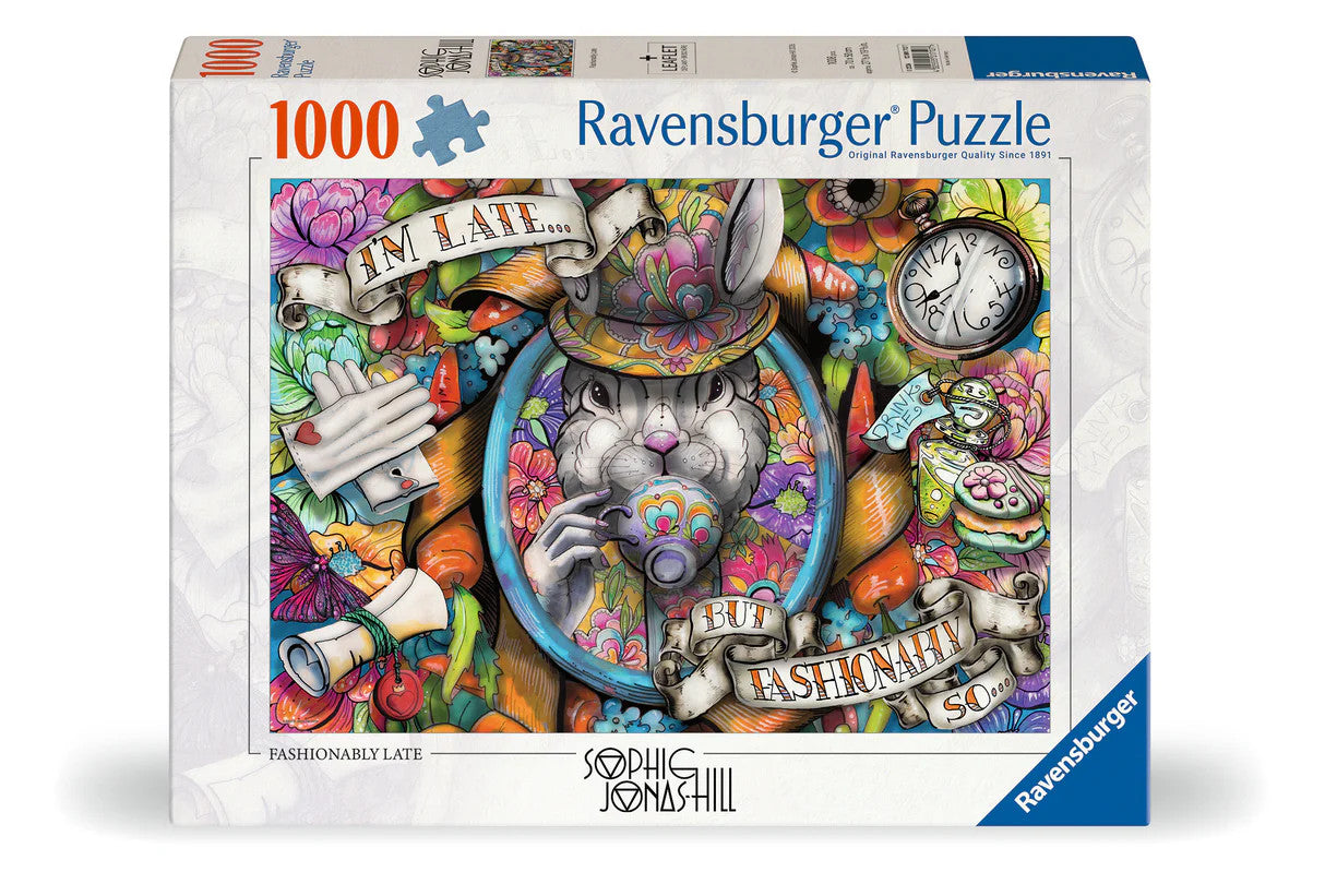 Ravensburger Fashionably Late 1000 piece puzzle featuring whimsical rabbit tea party fantasy artwork by Sophie Jonas Hill