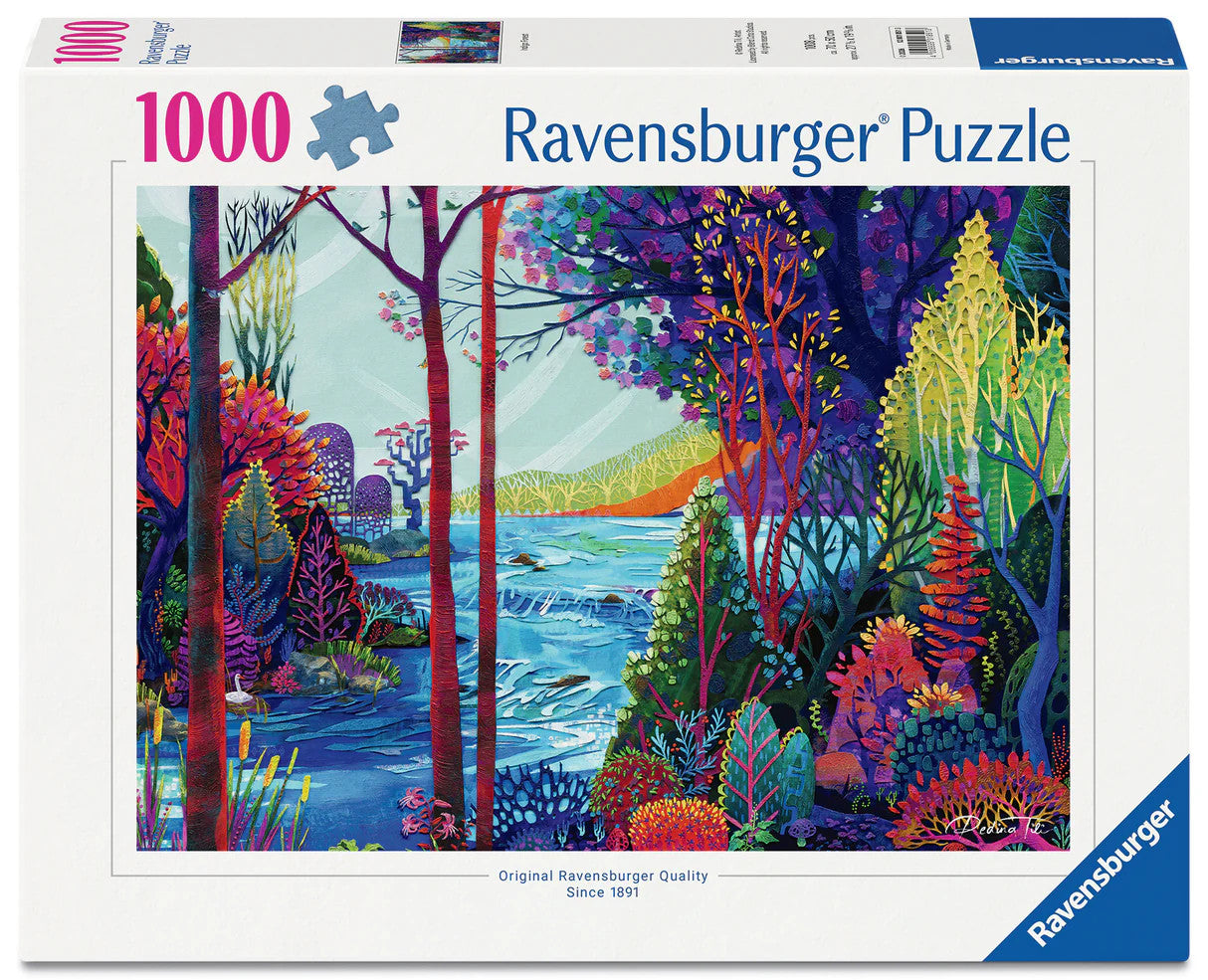 Ravensburger Indigo Forest 1000 piece puzzle featuring vibrant colourful forest and river landscape artwork