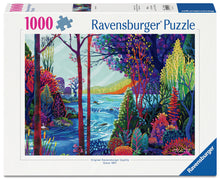 Ravensburger Indigo Forest 1000 piece puzzle featuring vibrant colourful forest and river landscape artwork