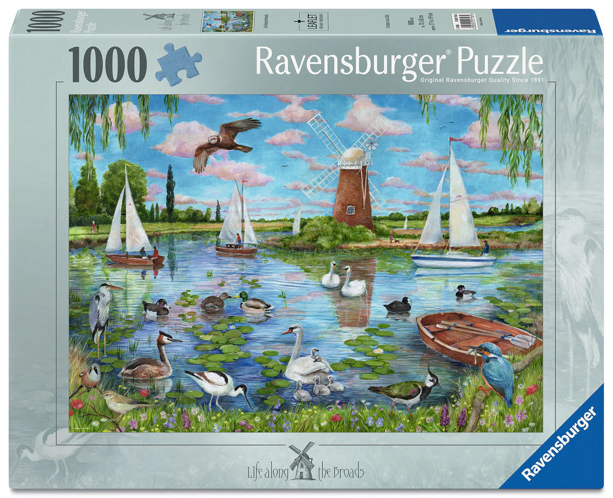Ravensburger Life Along the Broads 1000 piece puzzle featuring sailboats, wildlife and countryside windmill scenery