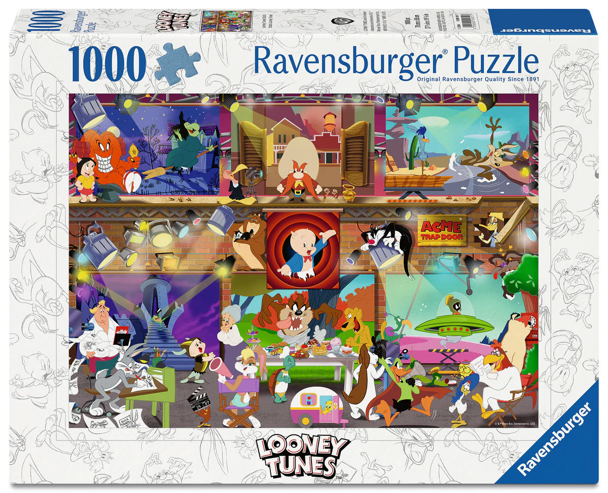 Ravensburger Looney Tunes Studio 1000 piece puzzle featuring Bugs Bunny, Daffy Duck, Porky Pig and classic cartoon characters