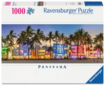 Ravensburger Night Glow on Ocean Drive 1000 piece panorama puzzle featuring colourful Miami Beach neon cityscape