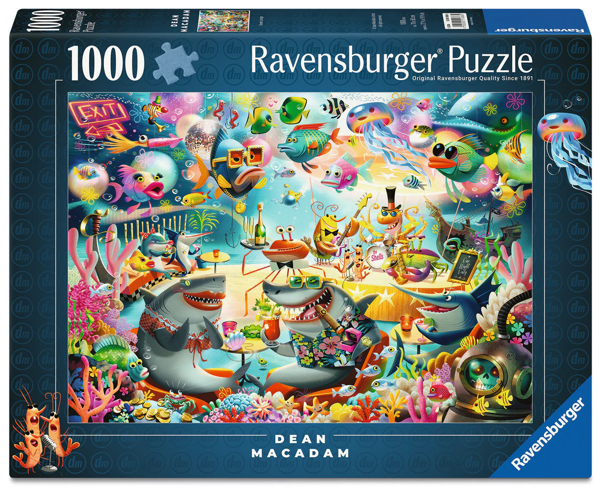 Ravensburger Ocean Lounge 1000 piece puzzle featuring colourful underwater party scene with sharks and sea creatures