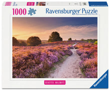 Ravensburger Pink Pathway 1000 piece puzzle featuring winding path through colourful heather fields at sunset