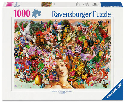 Ravensburger Puzzle Passion 1000 piece puzzle featuring colourful artistic collage with flowers, animals and birds