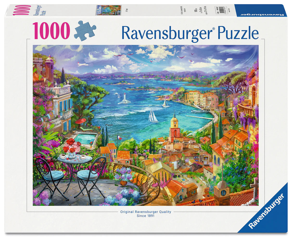 Ravensburger St. Tropez 1000 piece puzzle featuring colourful French Riviera coastal village and Mediterranean sea view