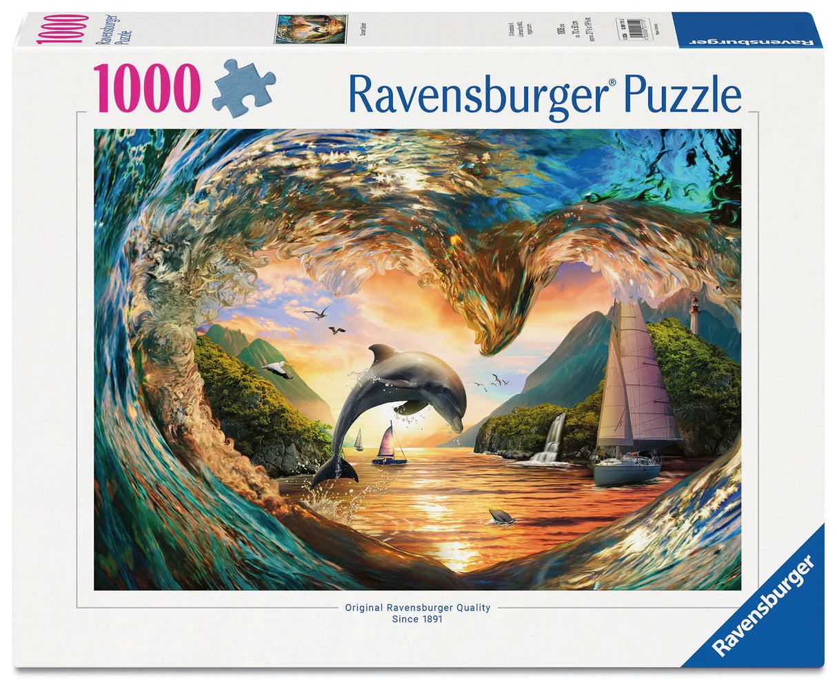Ravensburger Sunset Splash 1000 piece puzzle featuring dolphin leaping through glowing sunset ocean wave