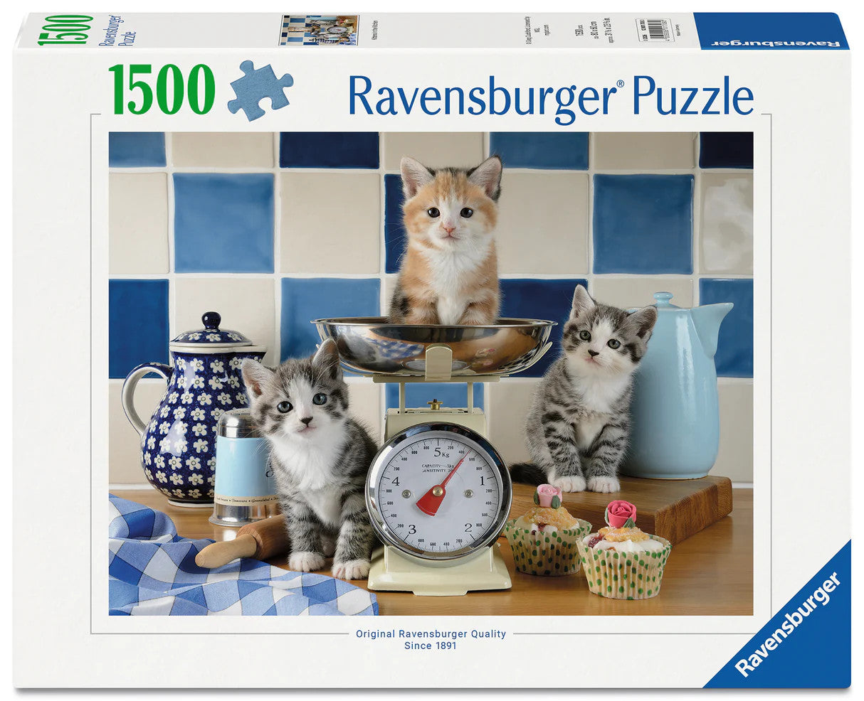 Ravensburger Kittens in the Kitchen 1500 piece puzzle featuring playful kittens in a cosy kitchen setting