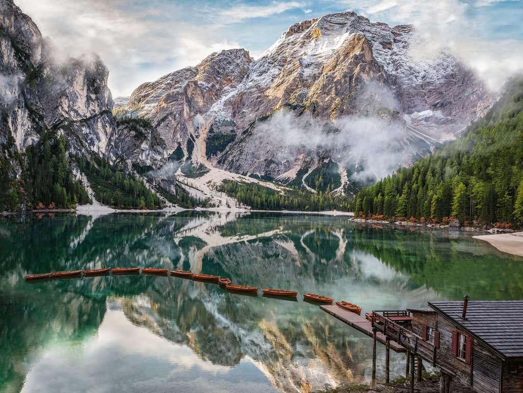 Pragser Wild Lake alpine mountain and lake scene featured on the Ravensburger 1500 piece puzzle