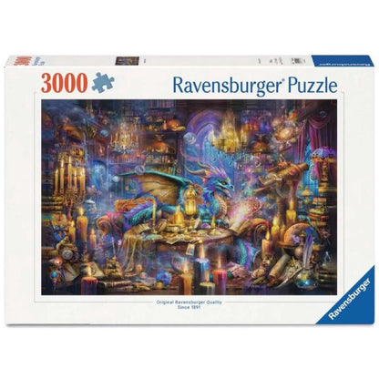 Ravensburger Dragon's Library 3000 piece fantasy jigsaw puzzle featuring dragons, books and a magical library scene