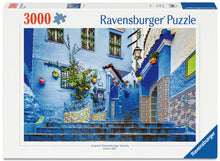 Ravensburger Morocco in Blue 3000 piece puzzle featuring the famous blue streets, stairways and architecture of Chefchaouen Morocco