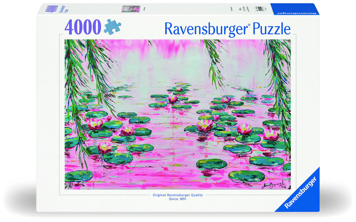Ravensburger Mauro Bergonzoli Pink Water Lillies 4000 piece puzzle featuring vibrant floral water scene artwork
