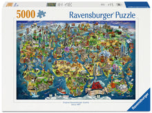 Ravensburger Illustrated World Map 5000 piece puzzle featuring world landmarks, animals, famous attractions and cultural icons