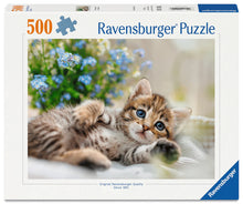 Ravensburger A Bouquet of Sweetness 500 piece puzzle featuring an adorable tabby kitten with blue eyes surrounded by flowers
