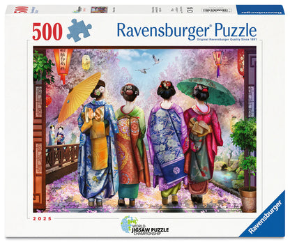 Ravensburger Blossom Walk 500 piece puzzle from the World Jigsaw Puzzle Championship collection featuring colourful kimono artwork