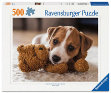 Ravensburger Cuddle Buddies 500 piece puzzle featuring an adorable puppy cuddling a teddy bear