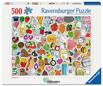 Ravensburger Cute Kawaii Chaos 500 piece puzzle featuring colourful kawaii characters, food, animals and cute illustrations