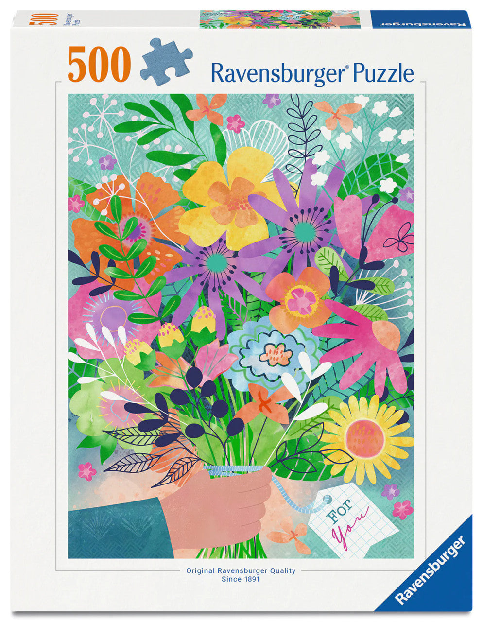 Ravensburger Flowers for You 500 piece puzzle featuring colourful illustrated bouquet of flowers and botanical artwork