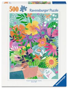 Ravensburger Flowers for You 500 piece puzzle featuring colourful illustrated bouquet of flowers and botanical artwork