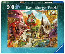 Ravensburger Home Sweet Home 500 piece puzzle featuring magical woodland village with treehouses, cottages and forest animals