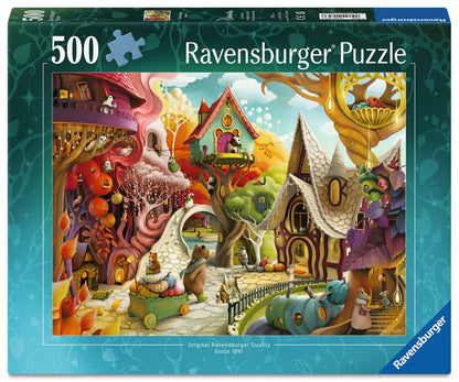 Ravensburger Home Sweet Home 500 piece puzzle featuring magical woodland village with treehouses, cottages and forest animals