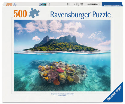 Ravensburger Island Waterscape 500 piece puzzle featuring tropical island, coral reef and crystal-clear turquoise ocean waters