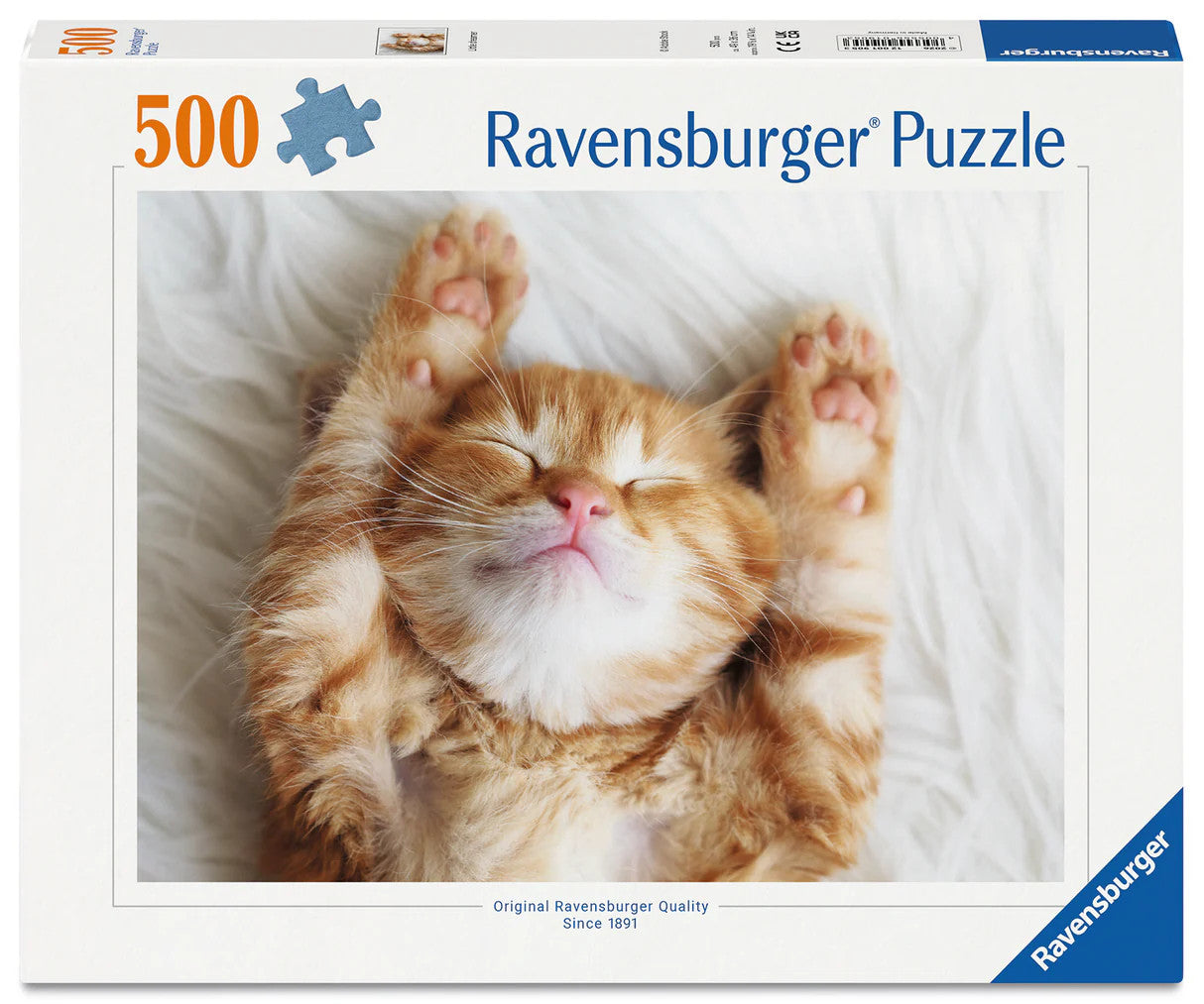 Ravensburger Little Dreamer 500 piece puzzle featuring adorable sleeping ginger kitten on a soft white blanket