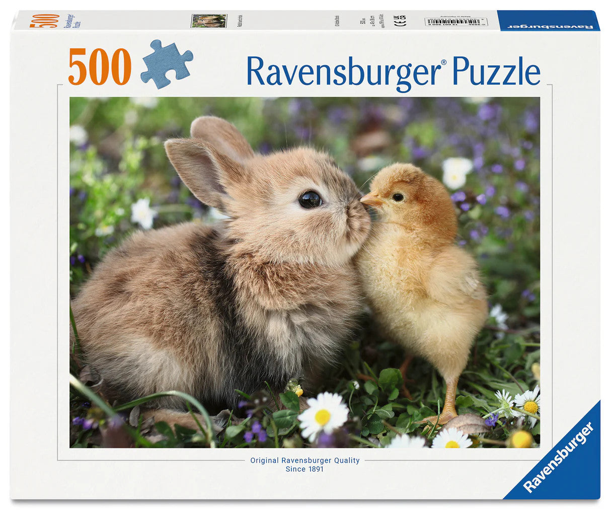 Ravensburger Rabbit and Chick 500 piece puzzle featuring an adorable baby rabbit and fluffy chick in a spring flower garden