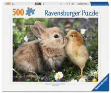 Ravensburger Rabbit and Chick 500 piece puzzle featuring an adorable baby rabbit and fluffy chick in a spring flower garden