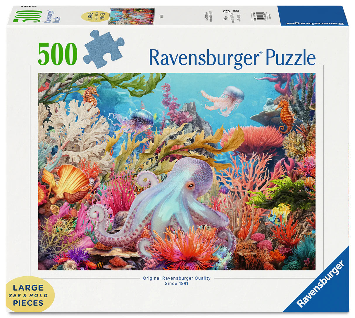 Ravensburger Reef Life Large Format 500 piece puzzle featuring colourful coral reef, octopus, jellyfish, seahorses and marine life