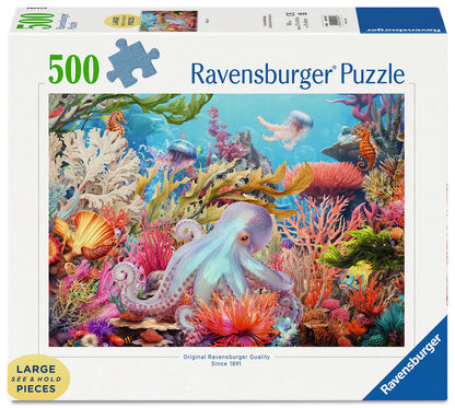 Ravensburger Reef Life Large Format 500 piece puzzle featuring colourful coral reef, octopus, jellyfish, seahorses and marine life