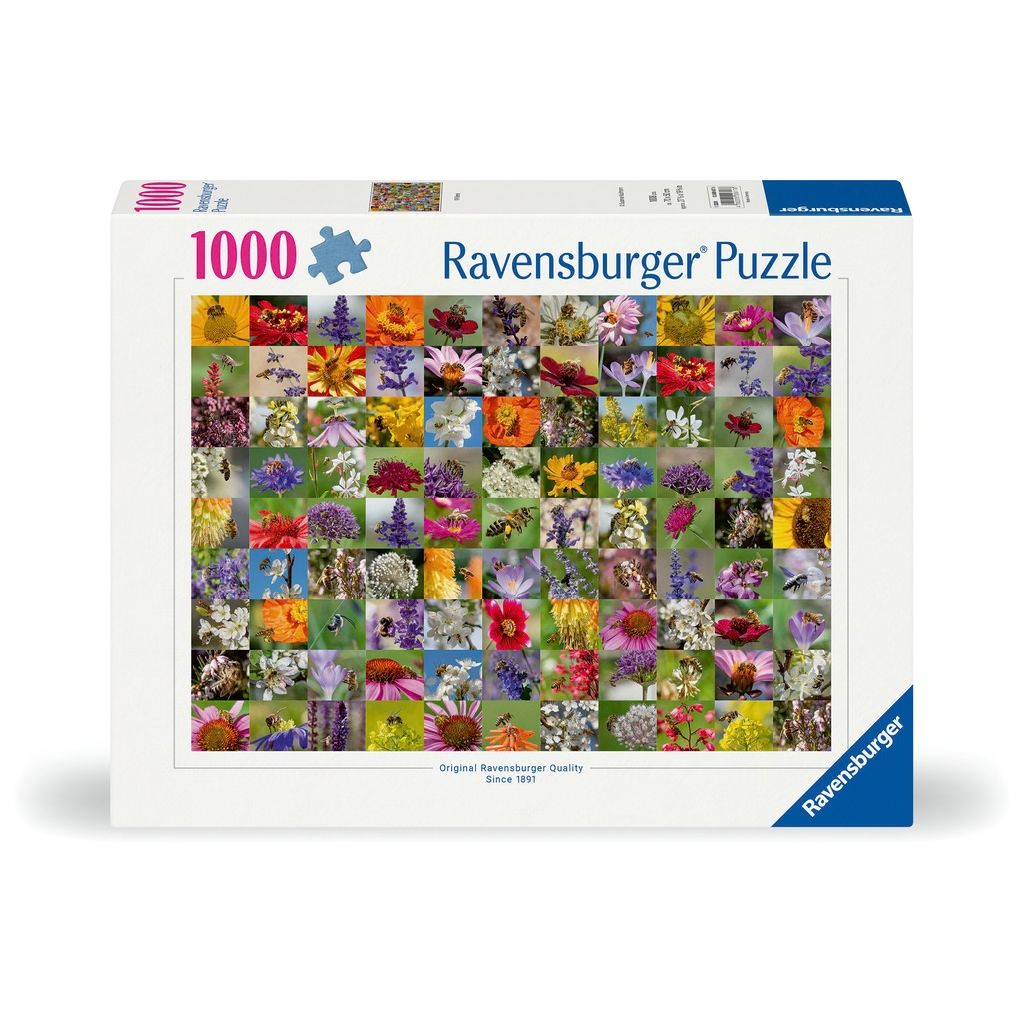 Ravensburger 99 Bees 1000 piece jigsaw puzzle, a photo collage of bees gathering pollen on flowers
