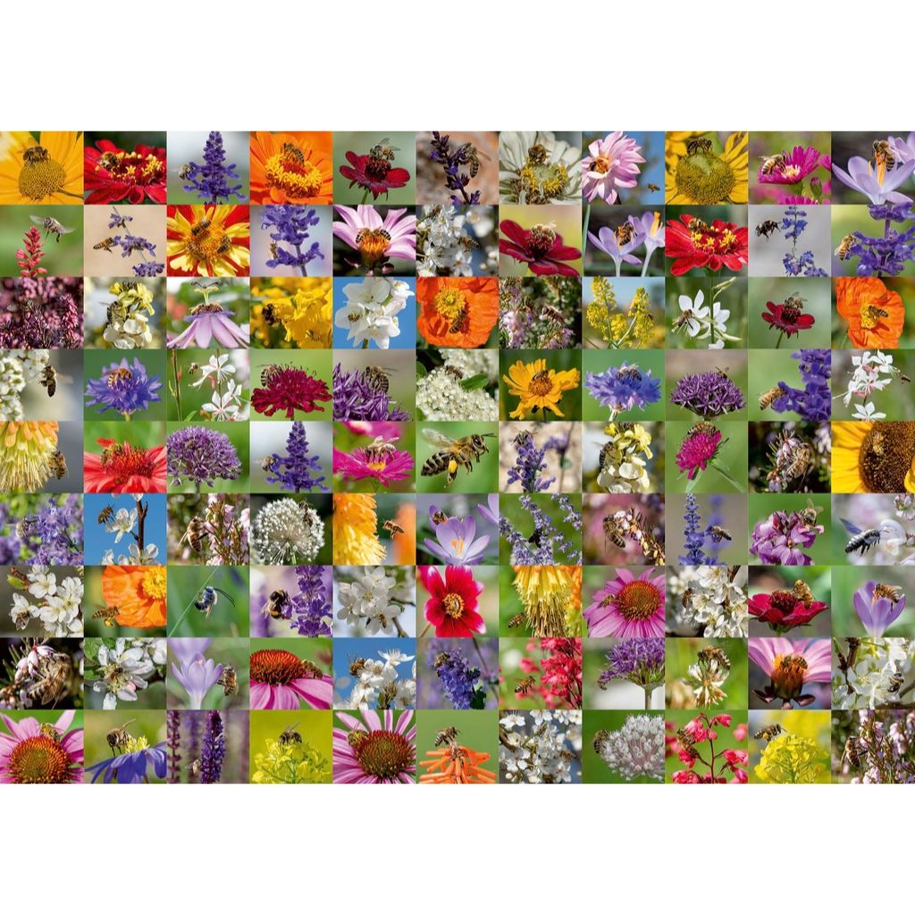 Close-up detail of bees on lavender and spring blossom photos in the 99 Bees collage puzzle