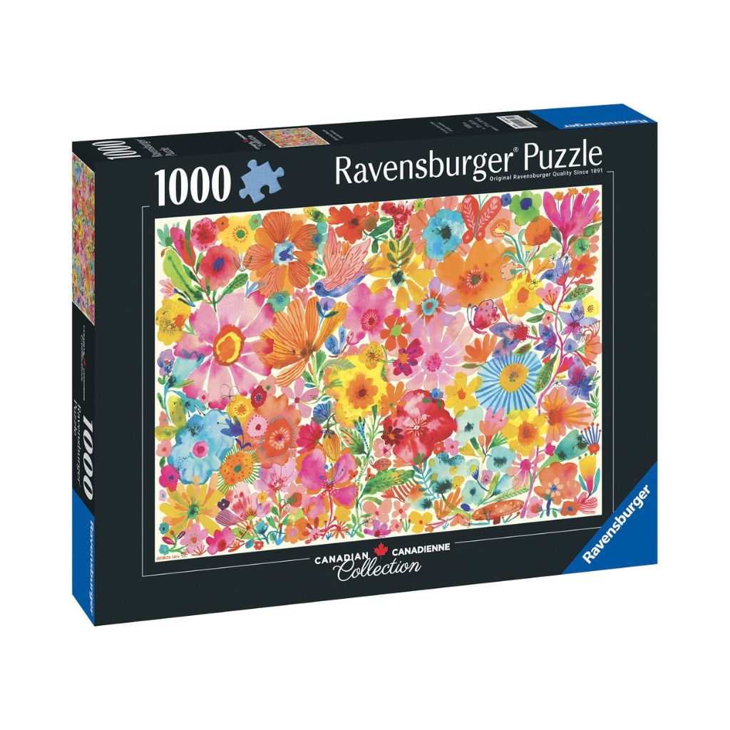 Close-up detail of poppies, cosmos and hidden garden creatures in the Blossoming Beauties puzzle