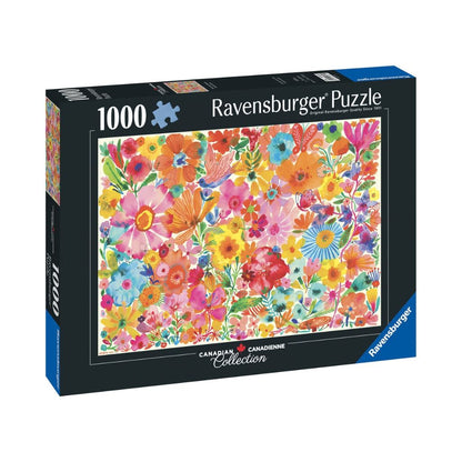 Close-up detail of poppies, cosmos and hidden garden creatures in the Blossoming Beauties puzzle