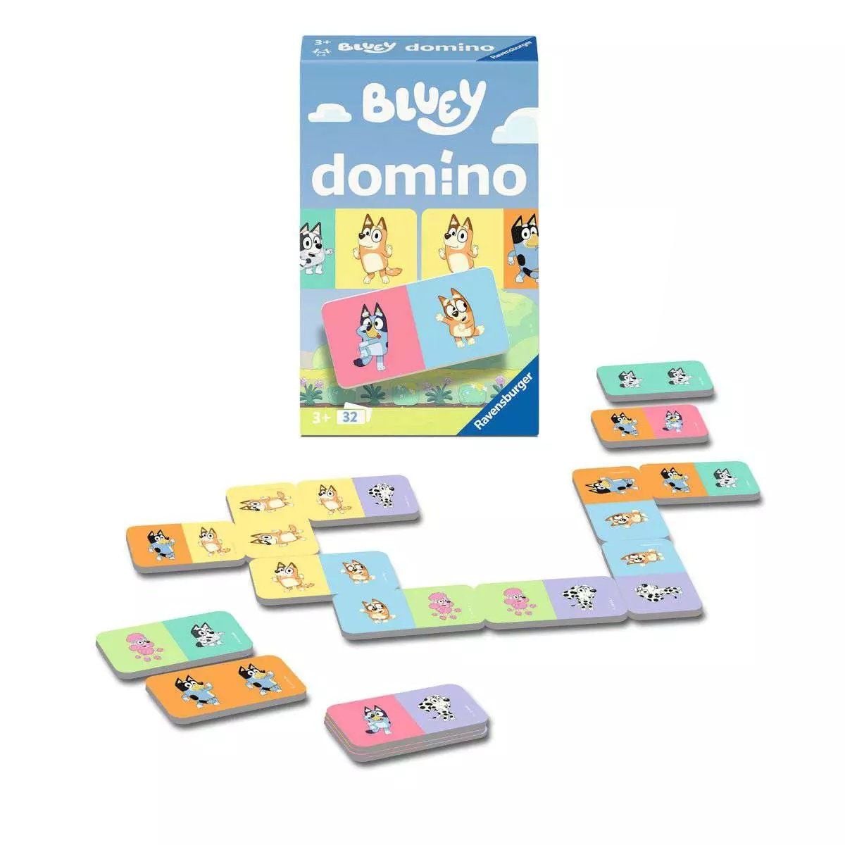 Bluey domingo board game set with its packaging box and scattered colorful game tiles on a white background.