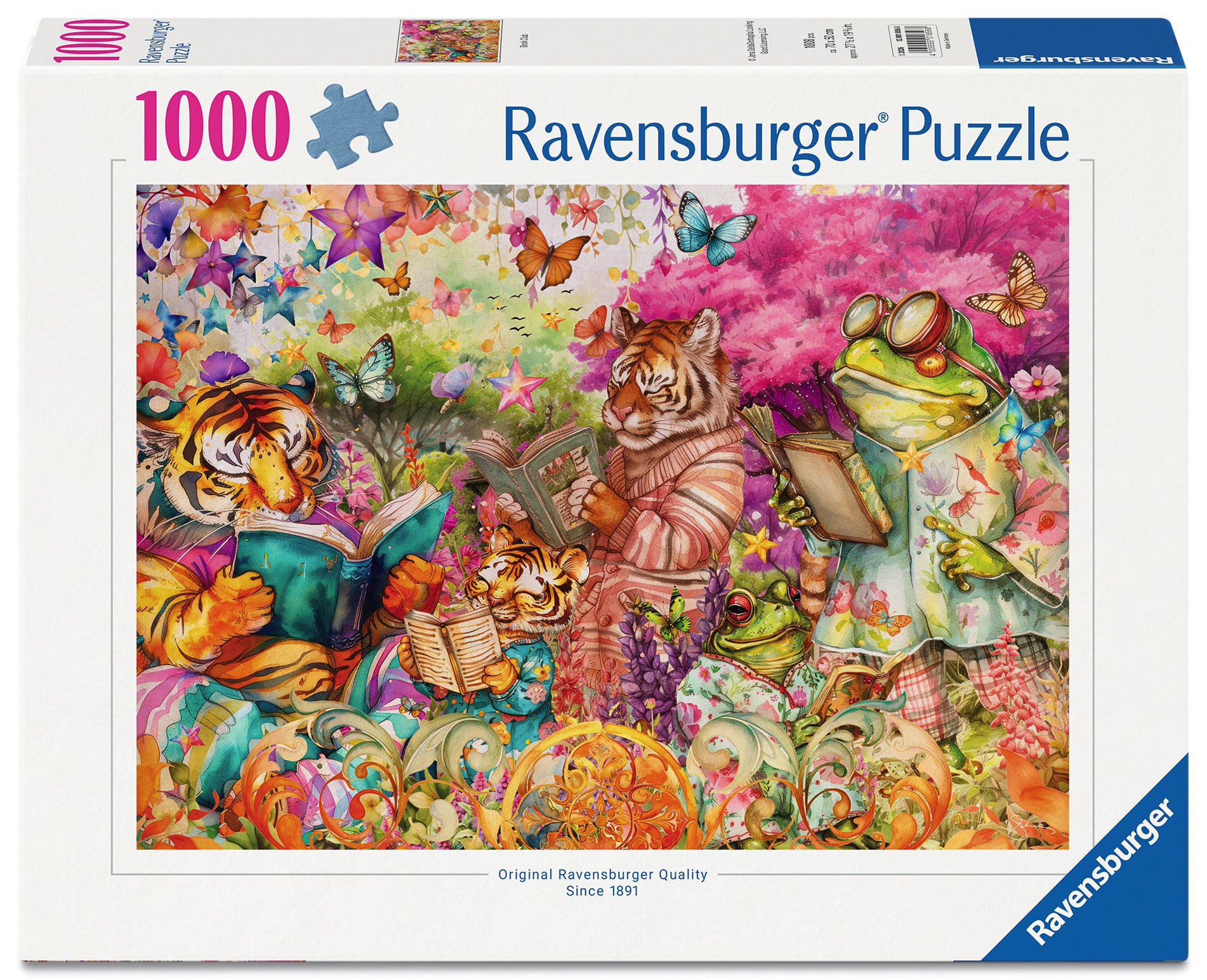 Ravensburger Book Club 1000 piece jigsaw puzzle featuring tiger and frog families enjoying an outdoor woodland book club surrounded by nature