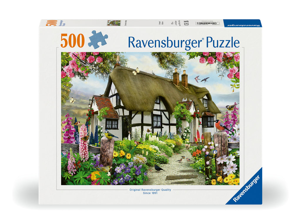 Ravensburger 500 piece Charmant Cottage jigsaw puzzle showing a flowering country cottage