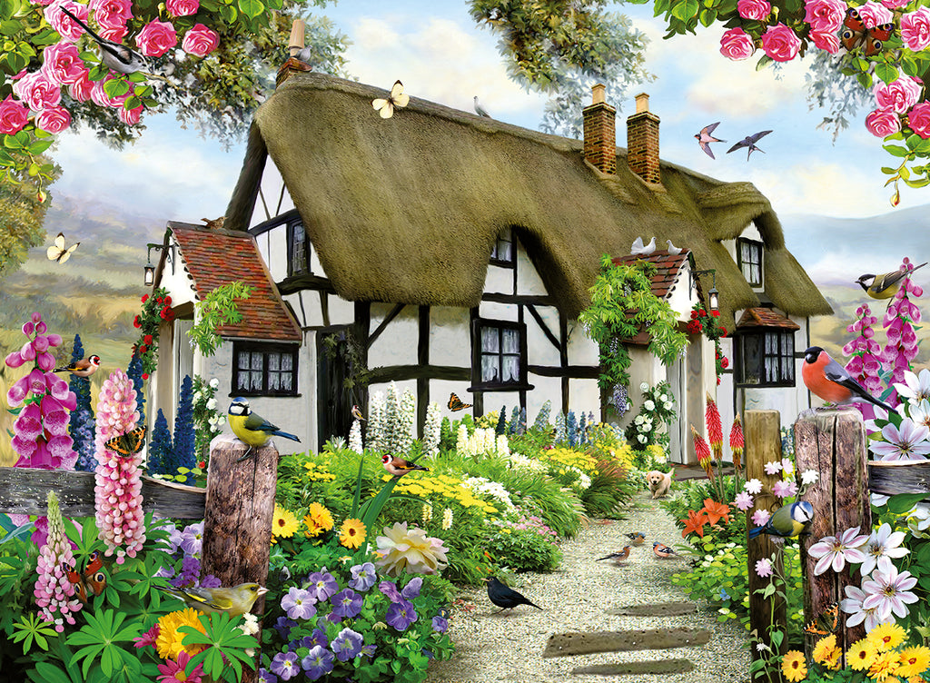 Completed Charmant Cottage 500 piece jigsaw puzzle showing a flower-filled countryside cottage