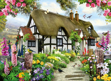 Completed Charmant Cottage 500 piece jigsaw puzzle showing a flower-filled countryside cottage