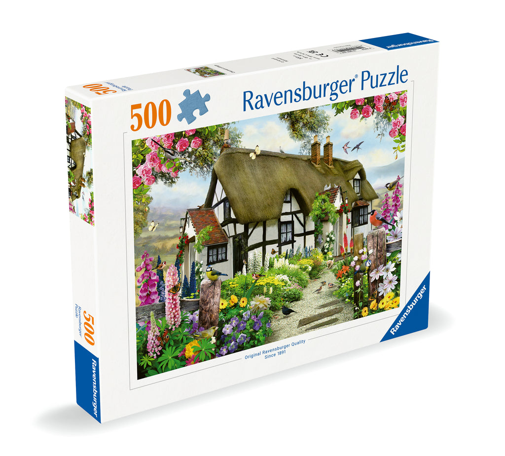 Close-up of Charmant Cottage puzzle pieces with pretty flowers and cosy windows in the artwork