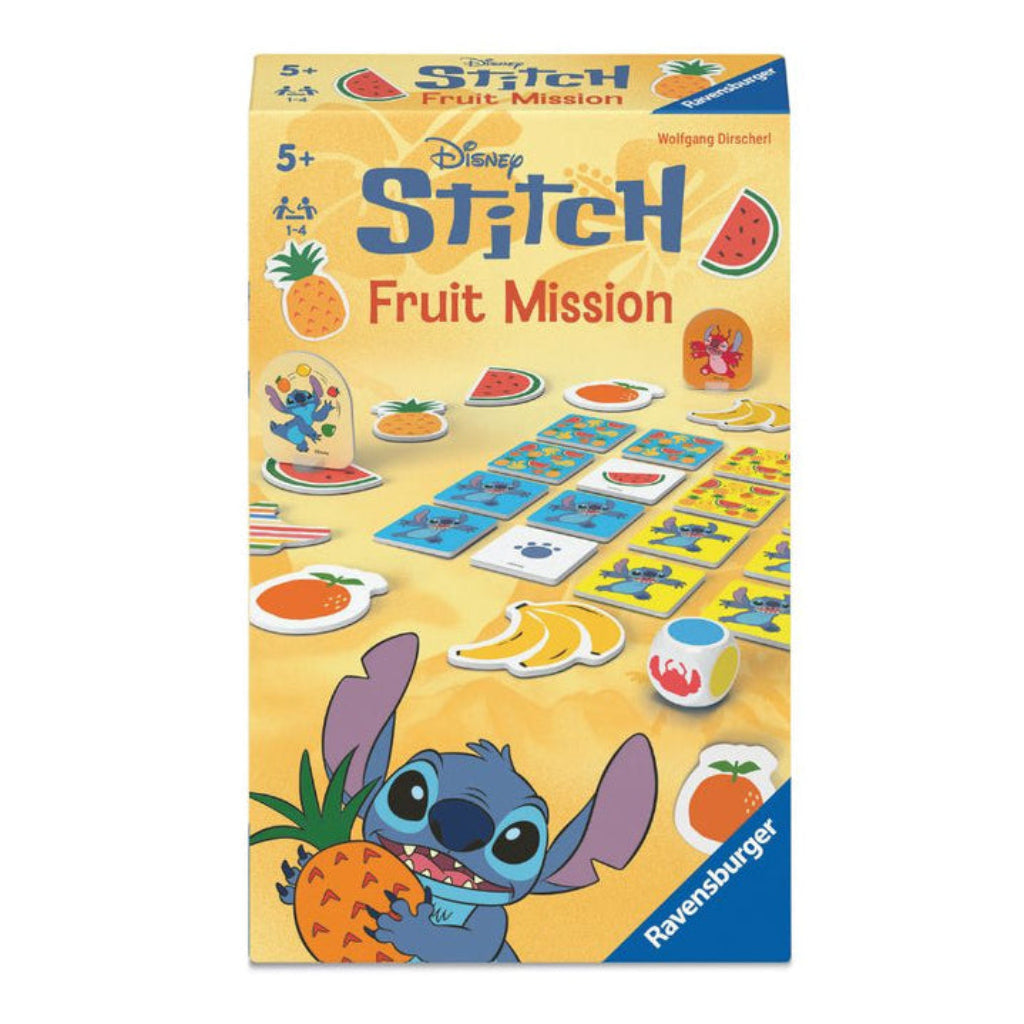 Front of Box of Ravensburger Disney Stitch Fruit Mission cooperative memory game for children aged 5 years and up 