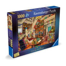 Close-up detail of book-lined shelves and whimsical touches in the Fantasy Bookshop puzzle artwork