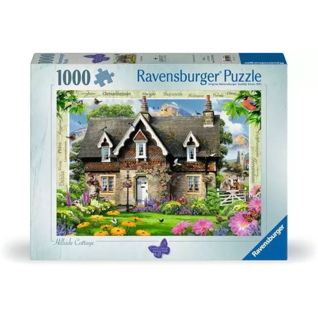 Ravensburger Farm Cottage 1000 piece jigsaw puzzle showing a country cottage, garden and farmland