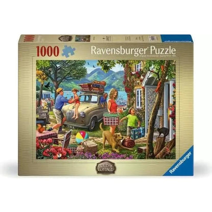 Ravensburger 1000-piece jigsaw puzzle box featuring a colorful illustrated scene of a family by the water with a vintage car, dog, flowers, and outdoor activities. Ravensburger Holiday Cottage 1000 Piece Jigsaw Puzzle 01721-9 box