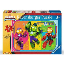 Ravensburger Iron Man Rescue Friends 'Armor Up' 35-piece jigsaw puzzle box, featuring Marvel and Disney branding, with colorful illustrations of Iron Man variants on the front.