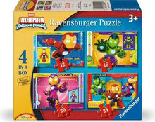Ravensburger Iron Man & His Awesome Friends 4-in-a-Box children's jigsaw puzzle set with four Marvel-themed puzzles of 12, 16, 20 and 24 pieces.