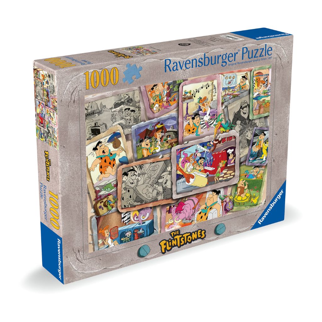 Detail of bold retro cartoon scenes in Bedrock from the Modern Flintstones 1000 piece puzzle